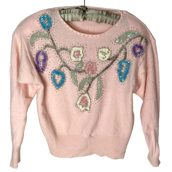 Vintage 80s Beaded Sweater Pastel Small - Picture 1 of 7
